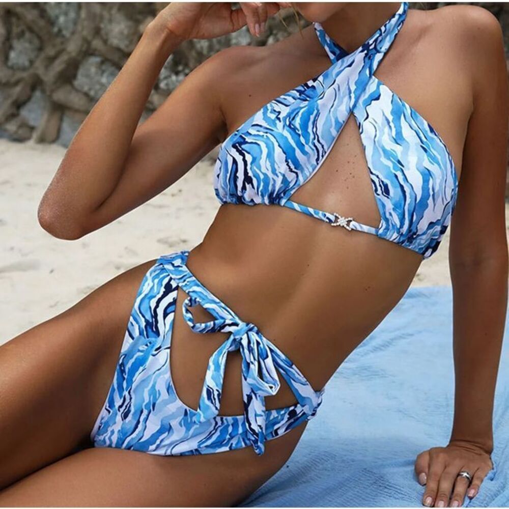 Halter Neck Front Tie High Waist Bikini Swimsuit Sz Medium